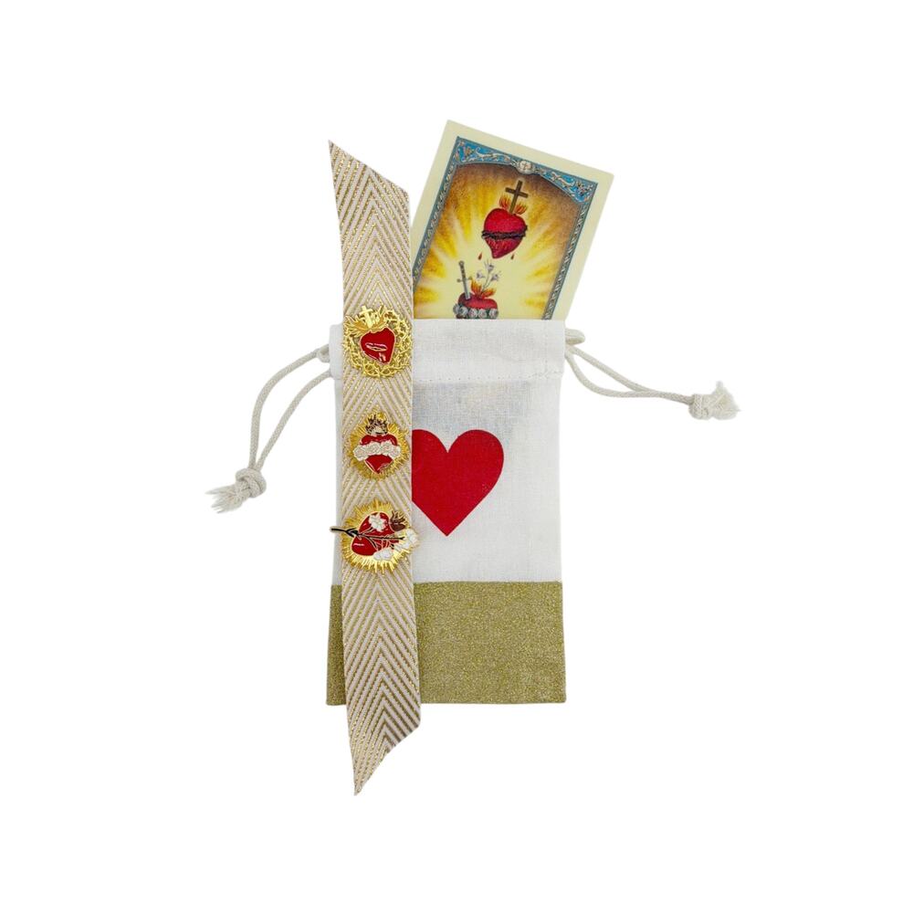 THE THREE HEARTS of the Holy Family Brooch Pins & Prayer Card Gift Set